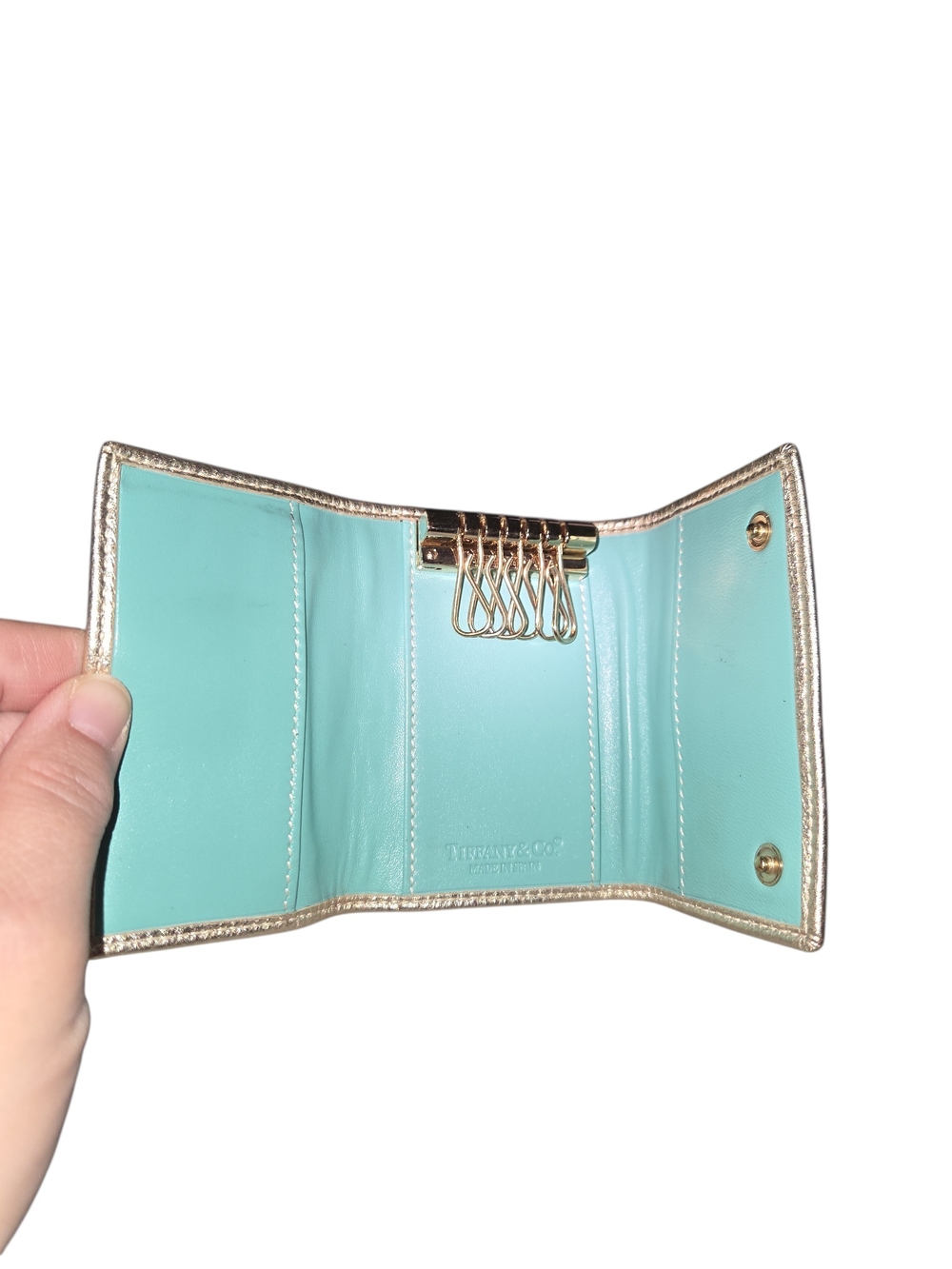 Tiffany And Company Metallic Gold Leather Key Holder Wallet with Turquoise Butto - Picture 7 of 11